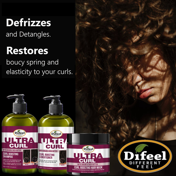 Difeel Ultra Curl 3-PC Curl Enhancing Hair Care Set : Ultra Curl Shampoo 12 oz, Conditioner 12 oz. and Hair Mask 12 oz. Set