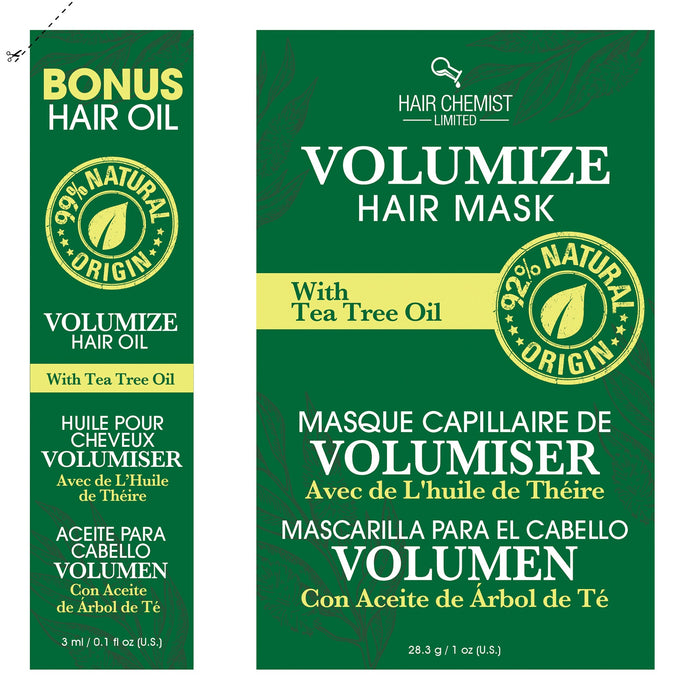 Hair Chemist Volumizing Hair Care 3 Piece Set - Volumize Hair Mask 8 oz + Travel Size 1oz. Packette & Volumize Hair Oil 2.5 oz