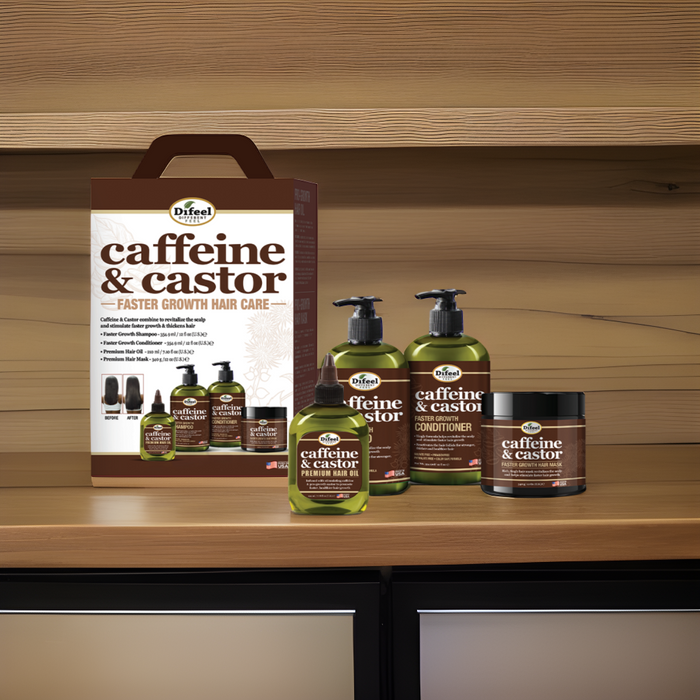 Difeel 4-PC Caffeine & Castor Shampoo & Conditioner Hair Care Gift Set - Includes 12 oz. Shampoo, Conditioner, Hair Mask & 7.1 oz. Hair Oil