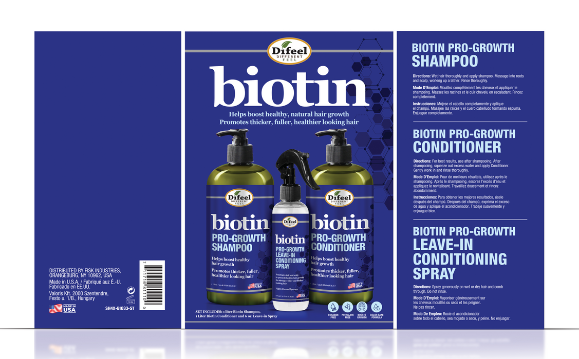 Difeel Biotin Pro-Growth Shampoo, Conditioner & Leave in Conditioning Spray 3-PC Gift Set - Shampoo 33.8 oz., Conditioner 33.8 oz. and Leave in Conditioning Spray 6 oz.
