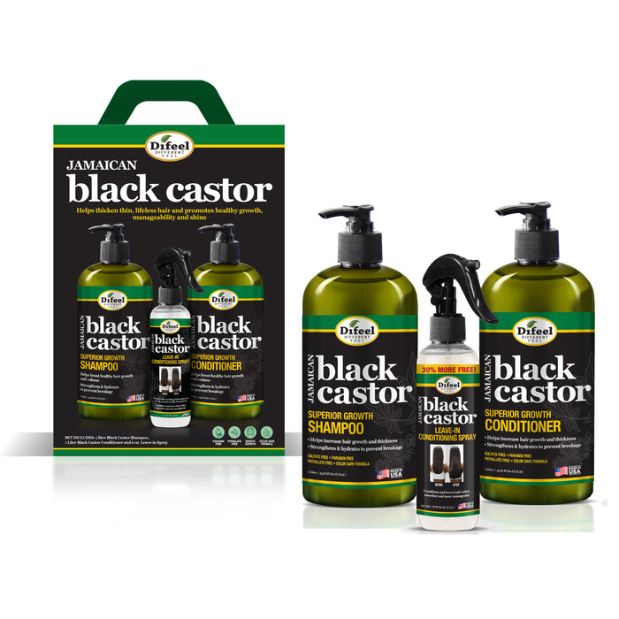 Difeel Jamaican Black Castor Shampoo, Conditioner & Leave in Conditioning Spray 3-PC Gift Set - Shampoo 33.8 oz., Conditioner 33.8 oz. and Leave in Conditioning Spray 6 oz.