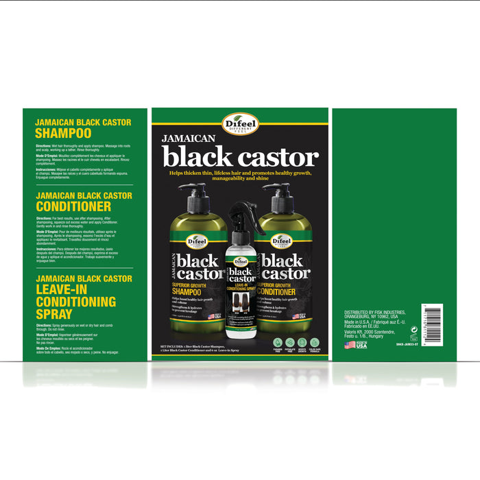 Difeel Jamaican Black Castor Shampoo, Conditioner & Leave in Conditioning Spray 3-PC Gift Set - Shampoo 33.8 oz., Conditioner 33.8 oz. and Leave in Conditioning Spray 6 oz.