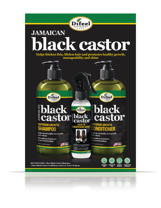 Difeel Jamaican Black Castor Shampoo, Conditioner & Leave in Conditioning Spray 3-PC Gift Set - Shampoo 33.8 oz., Conditioner 33.8 oz. and Leave in Conditioning Spray 6 oz.
