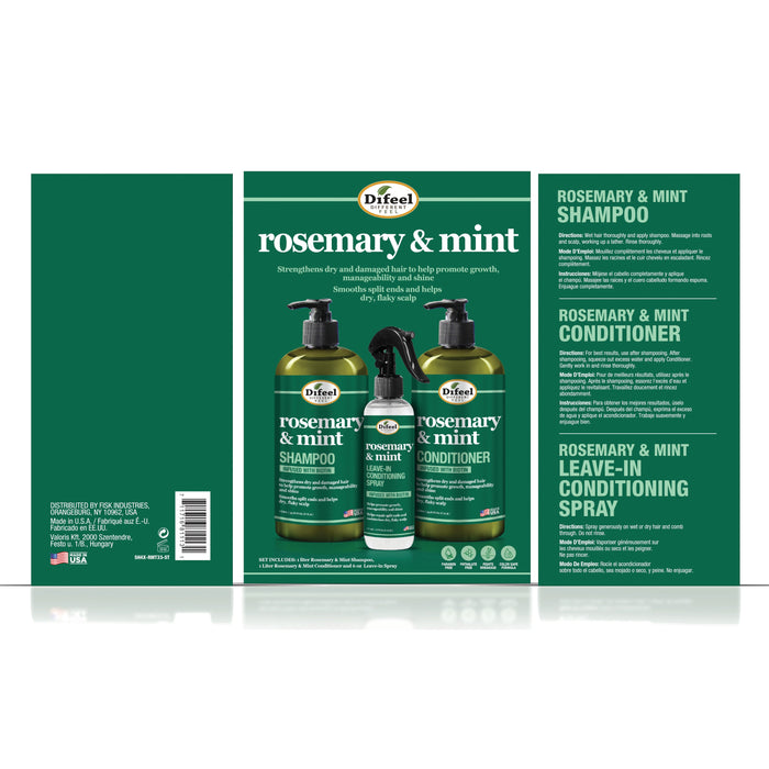 Difeel Rosemary and Mint Biotin Shampoo, Conditioner & Leave in Conditioning Spray 3-PC Gift Set - Shampoo 33.8 oz., Conditioner 33.8 oz. and Leave in Conditioning Spray 6 oz.