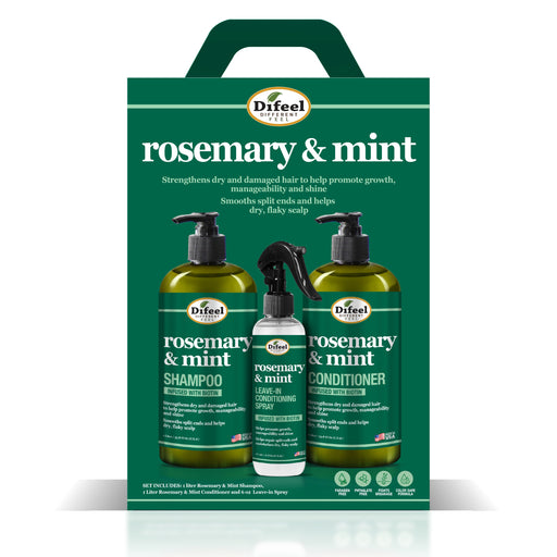 Difeel Rosemary and Mint Biotin Shampoo, Conditioner & Leave in Conditioning Spray 3-PC Gift Set - Shampoo 33.8 oz., Conditioner 33.8 oz. and Leave in Conditioning Spray 6 oz.