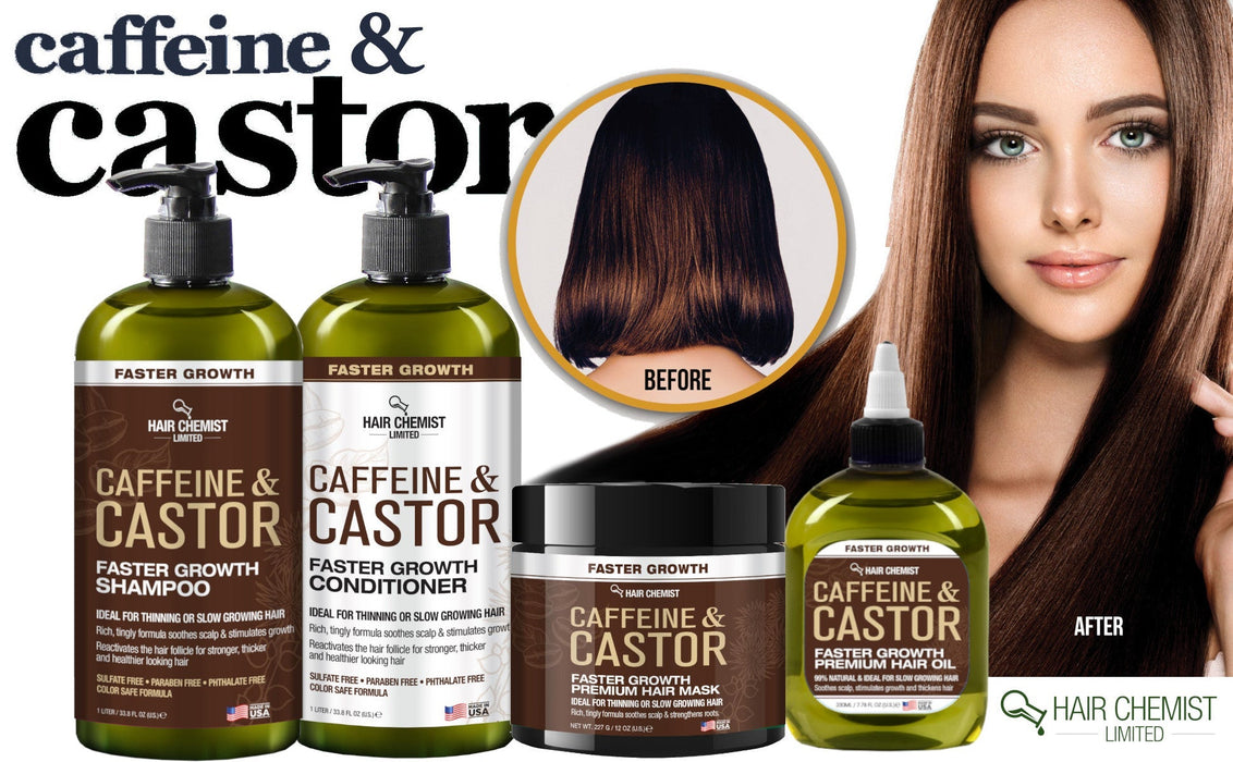 Hair Chemist Caffeine and Castor Faster Growth Large Shampoo, Conditioner 33.8 oz. and Hair Oil 7.1 oz. 3-PC Boxed Gift Set