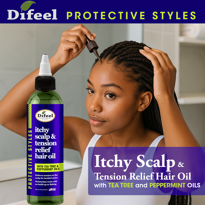 Difeel Itchy Scalp & Tension Relief Hair Oil with Tea Tree & Peppermint Oils for Braided Styles 8 oz.