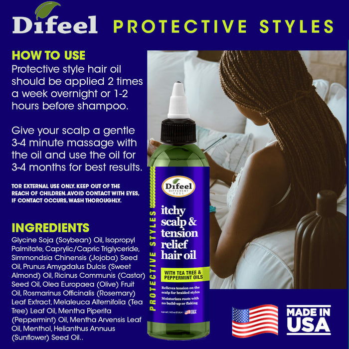 Difeel Itchy Scalp & Tension Relief Hair Oil with Tea Tree & Peppermint Oils for Braided Styles 8 oz.
