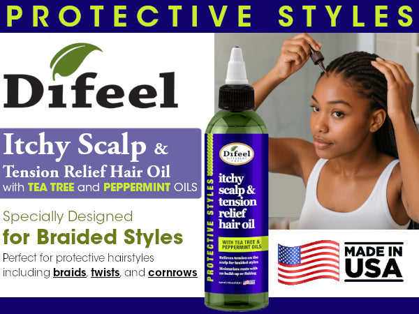 Difeel Itchy Scalp & Tension Relief Hair Oil with Tea Tree & Peppermint Oils for Braided Styles 8 oz.
