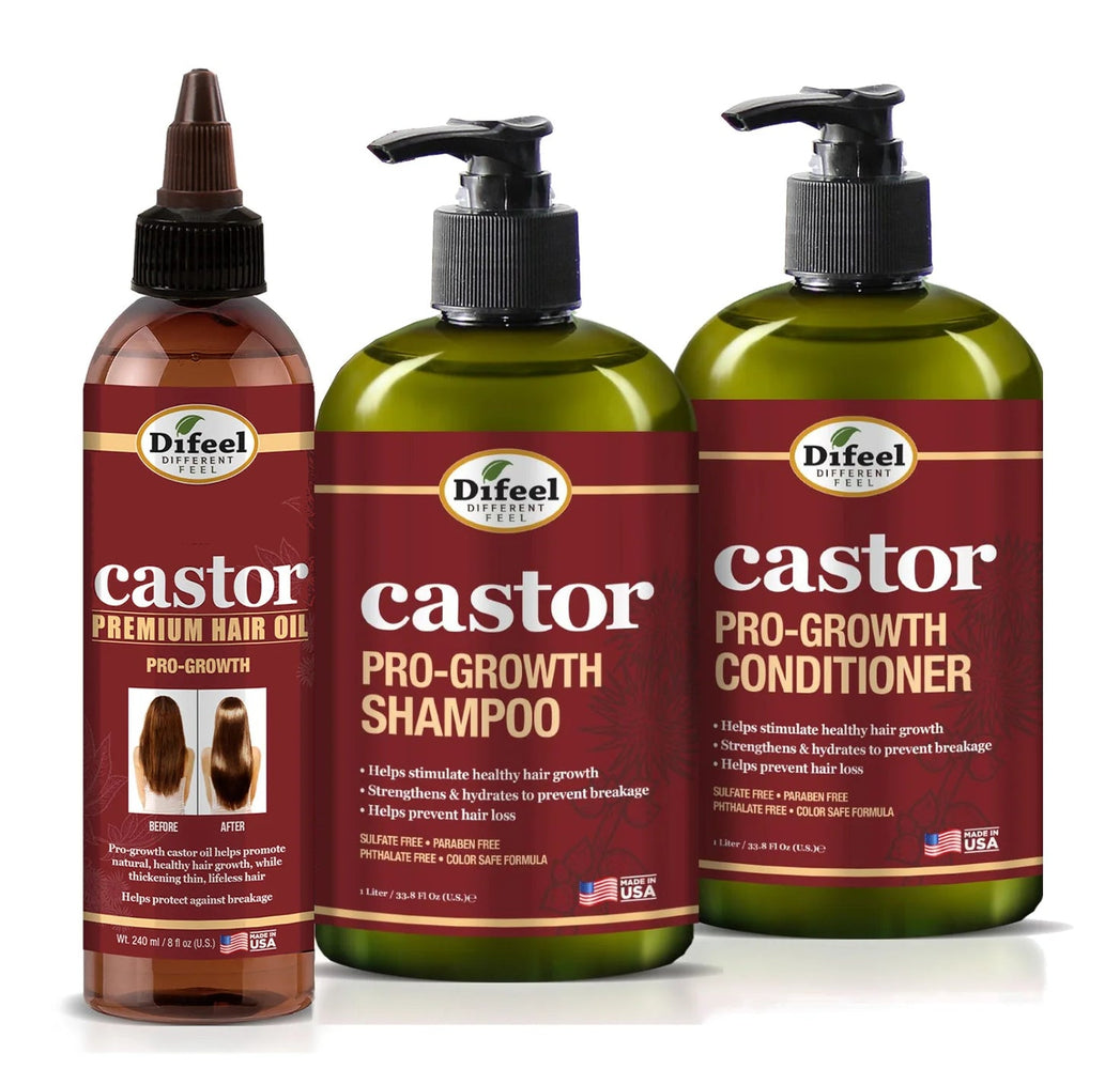 Difeel Castor Pro-Growth 3-PC Hair Care Set - Shampoo 12 oz. , Conditioner 12 oz. , & Hair Oil 8oz