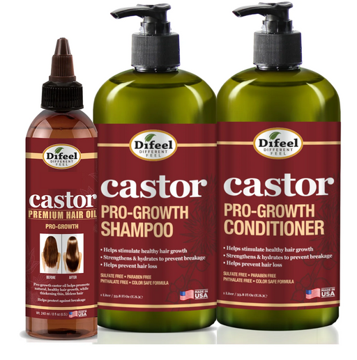 Difeel Castor Pro-Growth 3-PC Large Hair Care Set - Shampoo 33.8oz, Conditioner 33.8oz, & Hair Oil 8oz