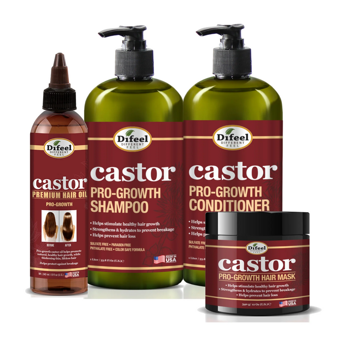 Difeel Castor Pro-Growth 4-PC Ultimate Hair Care Set - Shampoo 33.8oz, Conditioner 33.8oz, Hair Mask 12 oz.  & Hair Oil 8oz