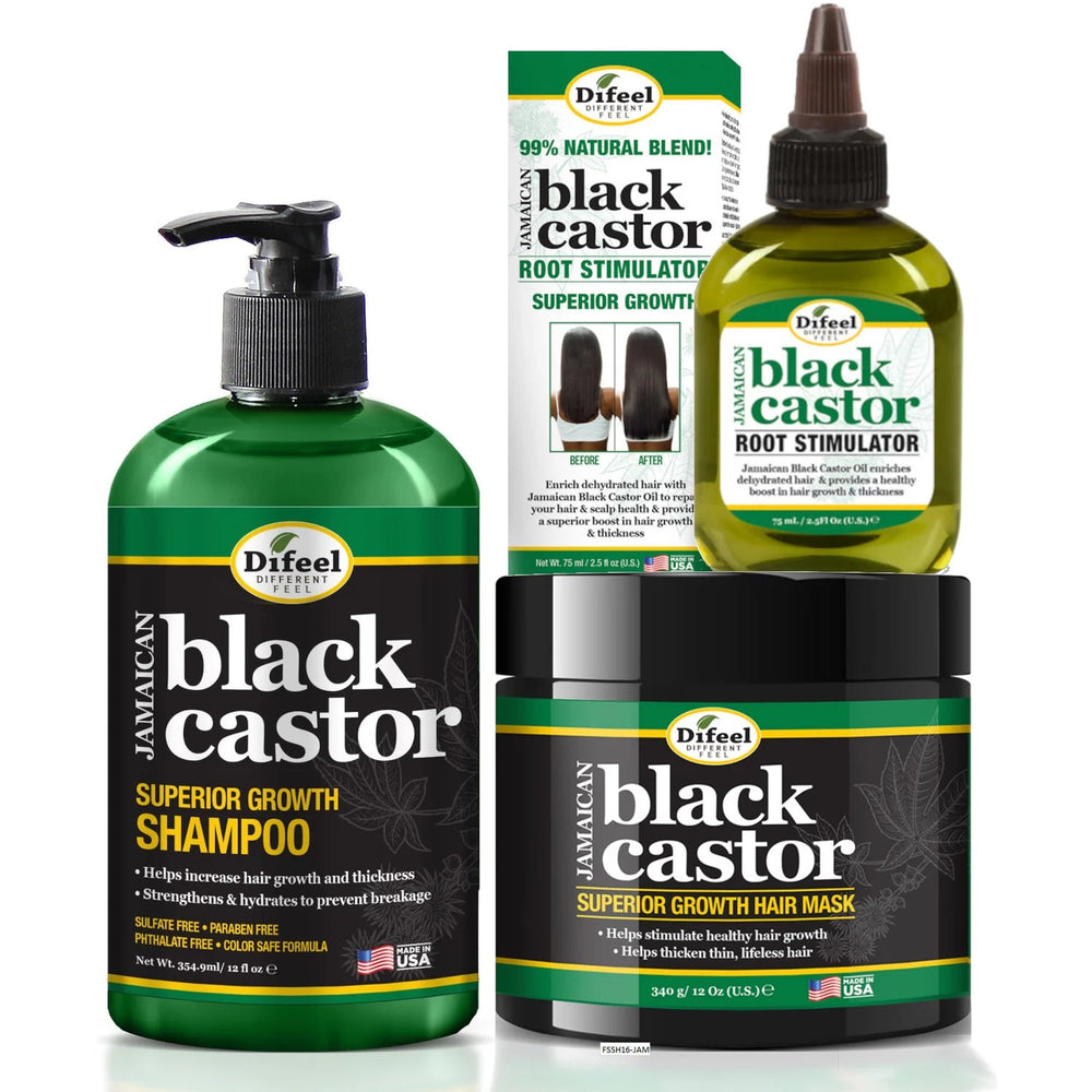 Difeel Superior Growth Jamaican Black Castor 3-PC Hair Care Set - Includes 12 oz. Shampoo, 12 oz. Hair Mask & 2.5 oz. Root Stimulator