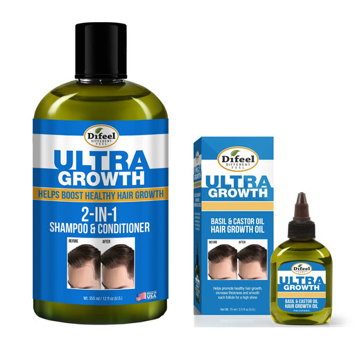 Difeel Mens Ultra Growth 2-in-1 Basil & Castor Oil Shampoo & Conditioner 12 oz. with Hair Oil 2.5oz. (2-PC SET)