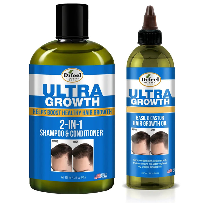 Difeel Mens Ultra Growth 2-in-1 Basil & Castor Oil Shampoo & Conditioner 12 oz. with Hair Oil 8oz. (2-PC SET)