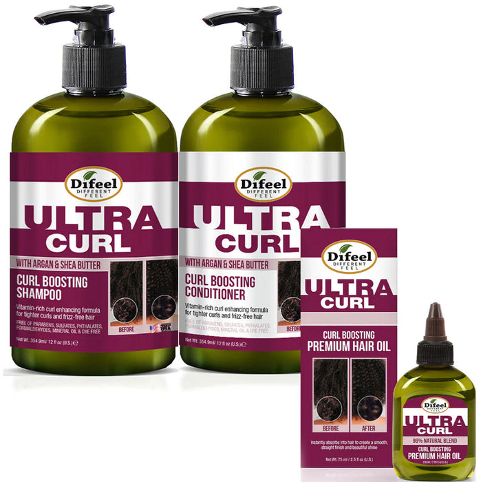 Difeel Ultra Curl 3-PC Curl Boosting Hair Care Set : Ultra Curl Shampoo 12 oz, Conditioner 12 oz. and Hair Oil 2.5 oz. Set