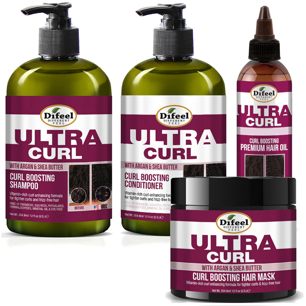 Difeel Ultra Curl 4-PC Curl Enhancing Hair Care Set : Ultra Curl Shampoo 12 oz, Conditioner 12 oz, Hair Mask 12 oz. & Hair Oil 8 oz