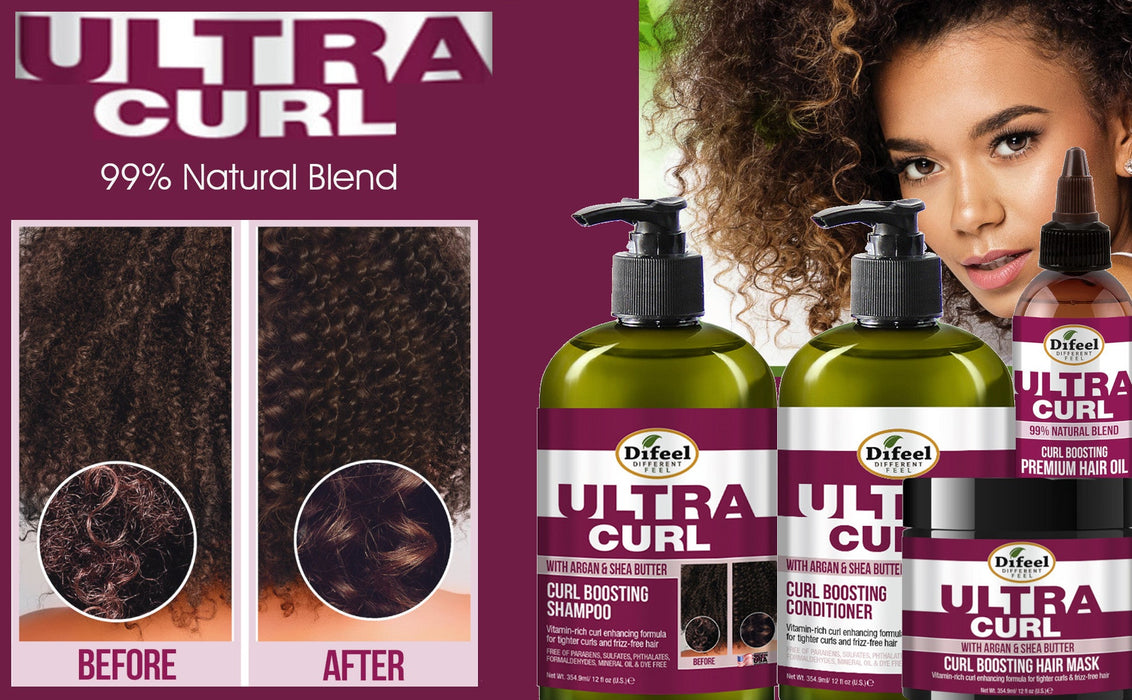 Difeel Ultra Curl 4-PC Curl Enhancing Hair Care Set : Ultra Curl Shampoo 12 oz, Conditioner 12 oz, Hair Mask 12 oz. & Hair Oil 8 oz