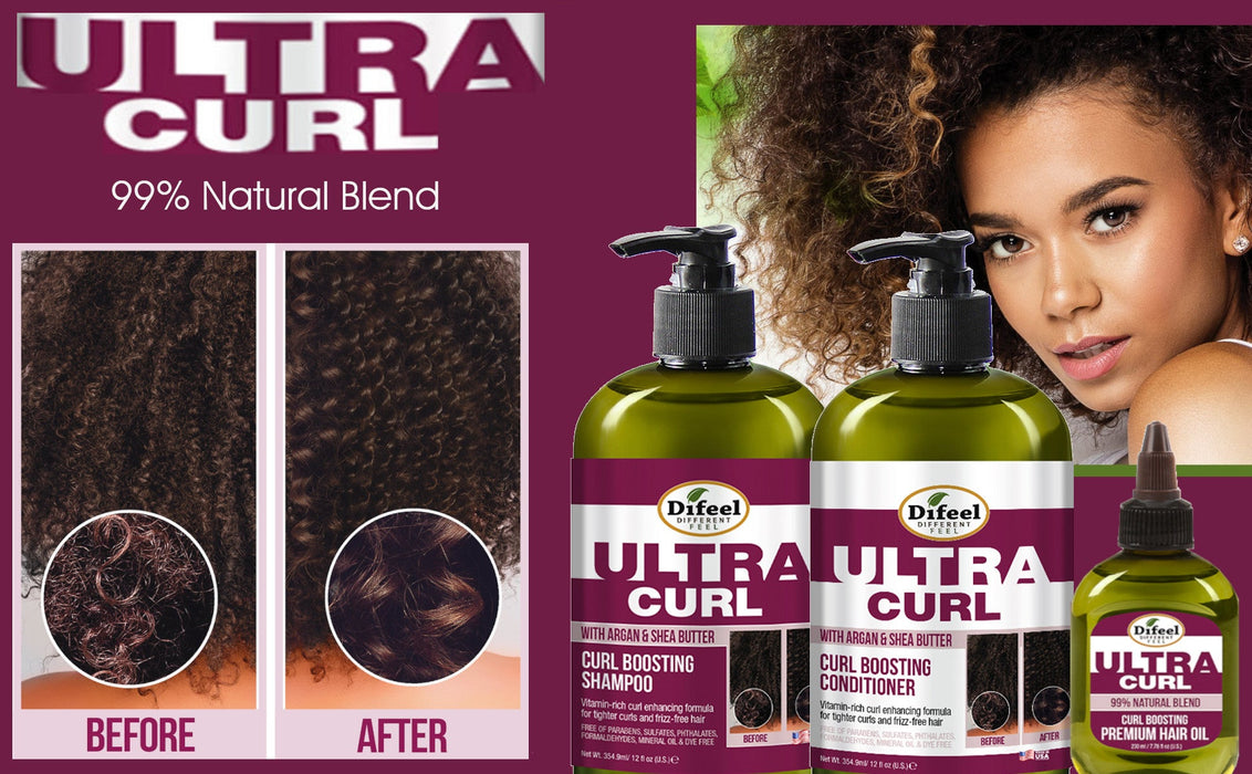 Difeel Ultra Curl 3-PC Curl Boosting Hair Care Set : Ultra Curl Shampoo 12 oz, Conditioner 12 oz. and Hair Oil 2.5 oz. Set