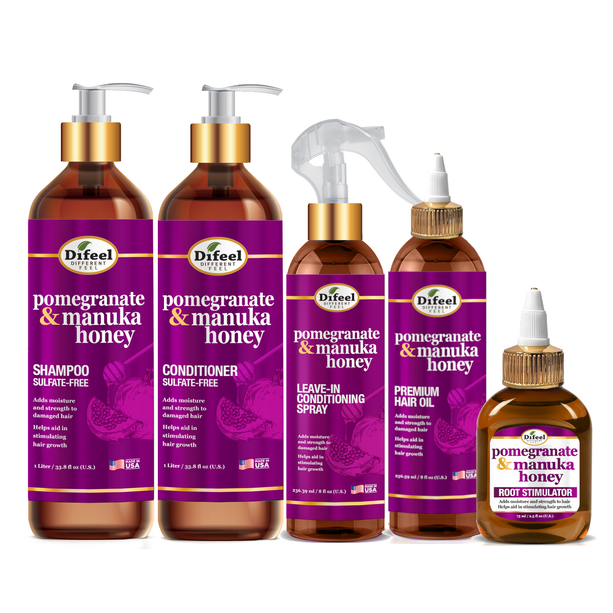 Difeel Pomegranate & Manuka Honey Shampoo, Conditioning & Oil 5PC Set ...
