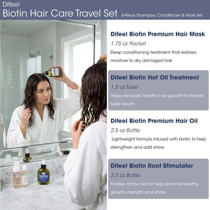Difeel Biotin Hair Care Travel Set - 6-Piece Shampoo, Conditioner & More Set