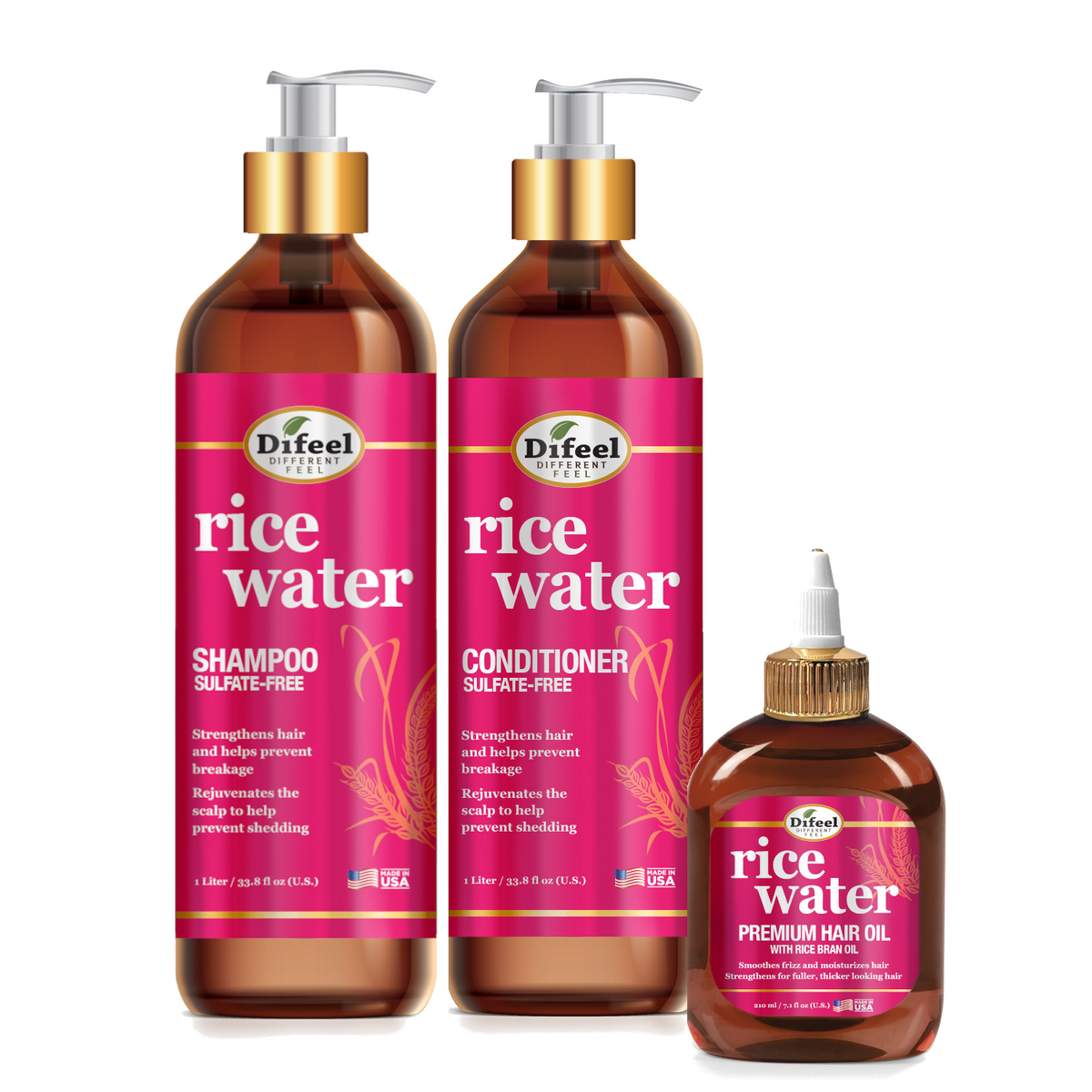 Difeel Rice Water Hair Care 3PC Shampoo & Conditioner & Hair Oil Set ...