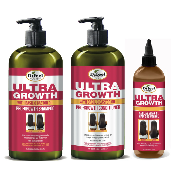 Difeel Ultra Growth with Basil & Castor Oil- Large 33.8oz Shampoo, 33.8oz Conditioner AND 8oz Hair Oil