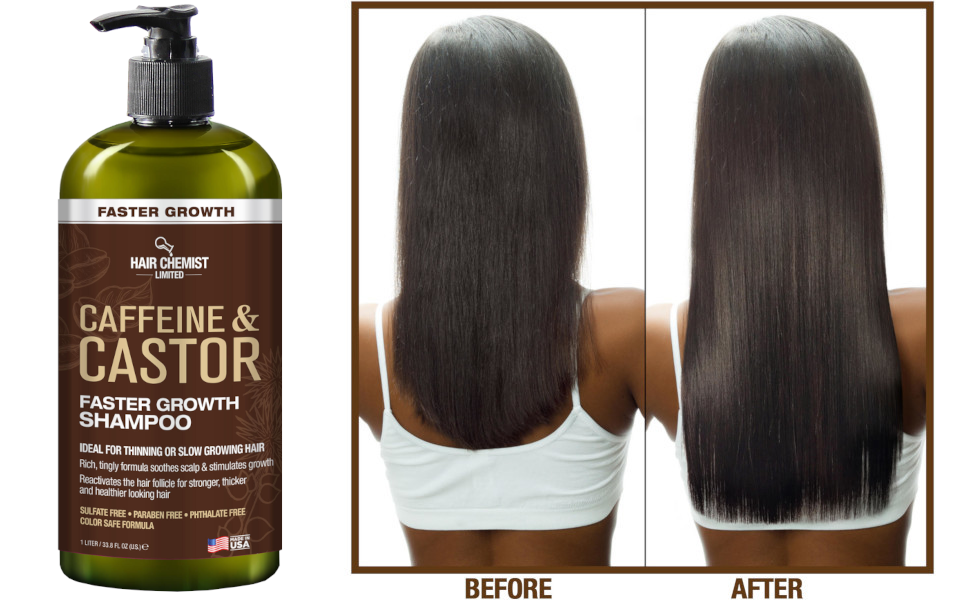 Hair Chemist Caffeine and Castor Faster Growth Large Shampoo, Conditioner 33.8 oz. and Hair Oil 7.1 oz. 3-PC Boxed Gift Set