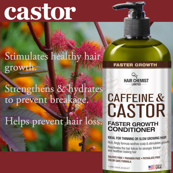 Hair Chemist Caffeine and Castor Faster Growth Large Shampoo, Conditioner 33.8 oz. and Hair Oil 7.1 oz. 3-PC Boxed Gift Set