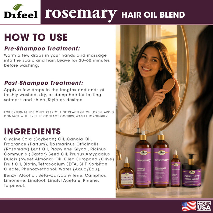 Difeel Rosemary Hair Oil Blend 2.5 Ounces (Travel Size)