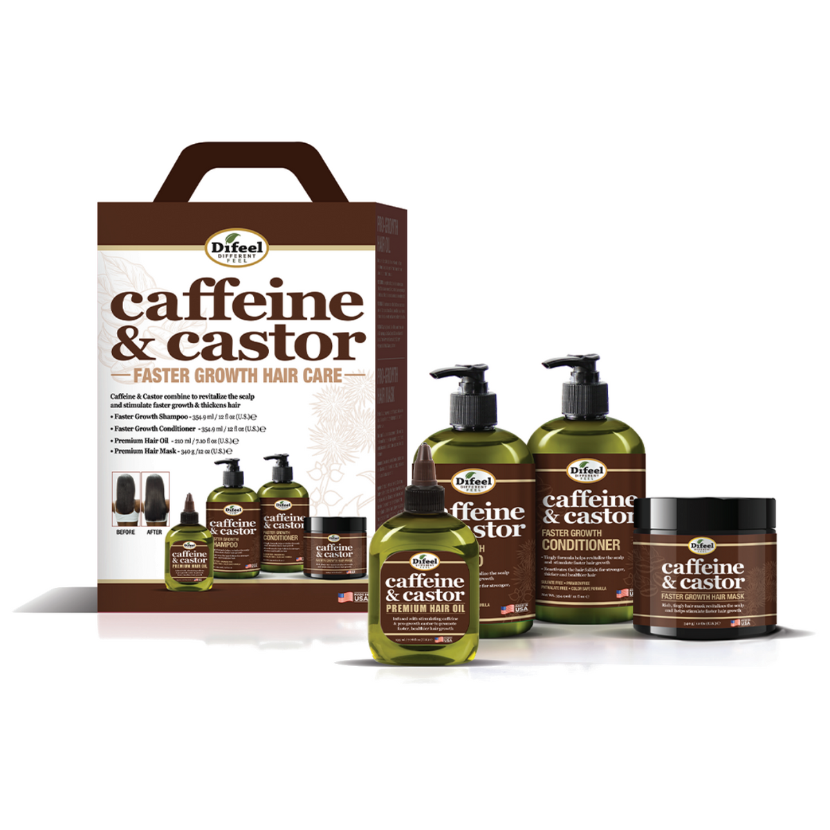 Difeel 4-PC Caffeine & Castor Shampoo & Conditioner Hair Care Gift