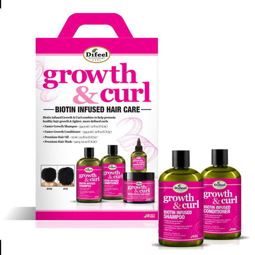 Difeel Growth & Curl Biotin Hair Care Collection 4-PC Gift Box - Includes Faster Growth Shampoo 12oz, Conditioner 12 oz, Hair Mask 12oz and Hair Oil 2.5oz