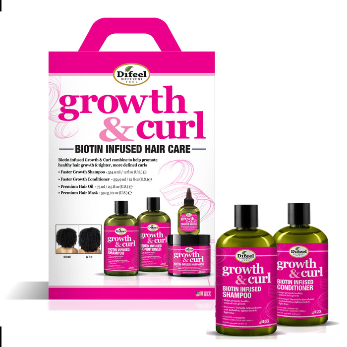 Difeel Growth & Curl Biotin Hair Care Collection 4-PC Gift Box - Includes Faster Growth Shampoo 12oz, Conditioner 12 oz, Hair Mask 12oz and Hair Oil 2.5oz