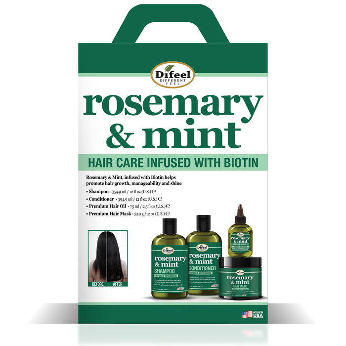 Difeel Rosemary and Mint Biotin Shampoo and Conditioner 4-PC Boxed Gift Set (Shampoo, Conditioner, Mask, Hair Oil)