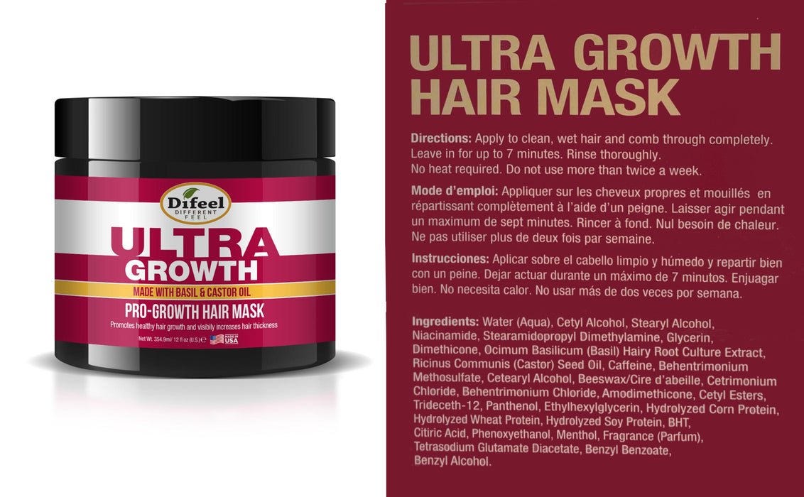 Difeel Ultra Growth with Basil & Castor Oil 4-PC Hair Care Gift Set - Includes Shampoo 12 oz. , Conditioner 12 oz. , Hair Oil 2.5oz and Hair Mask 12 oz. .