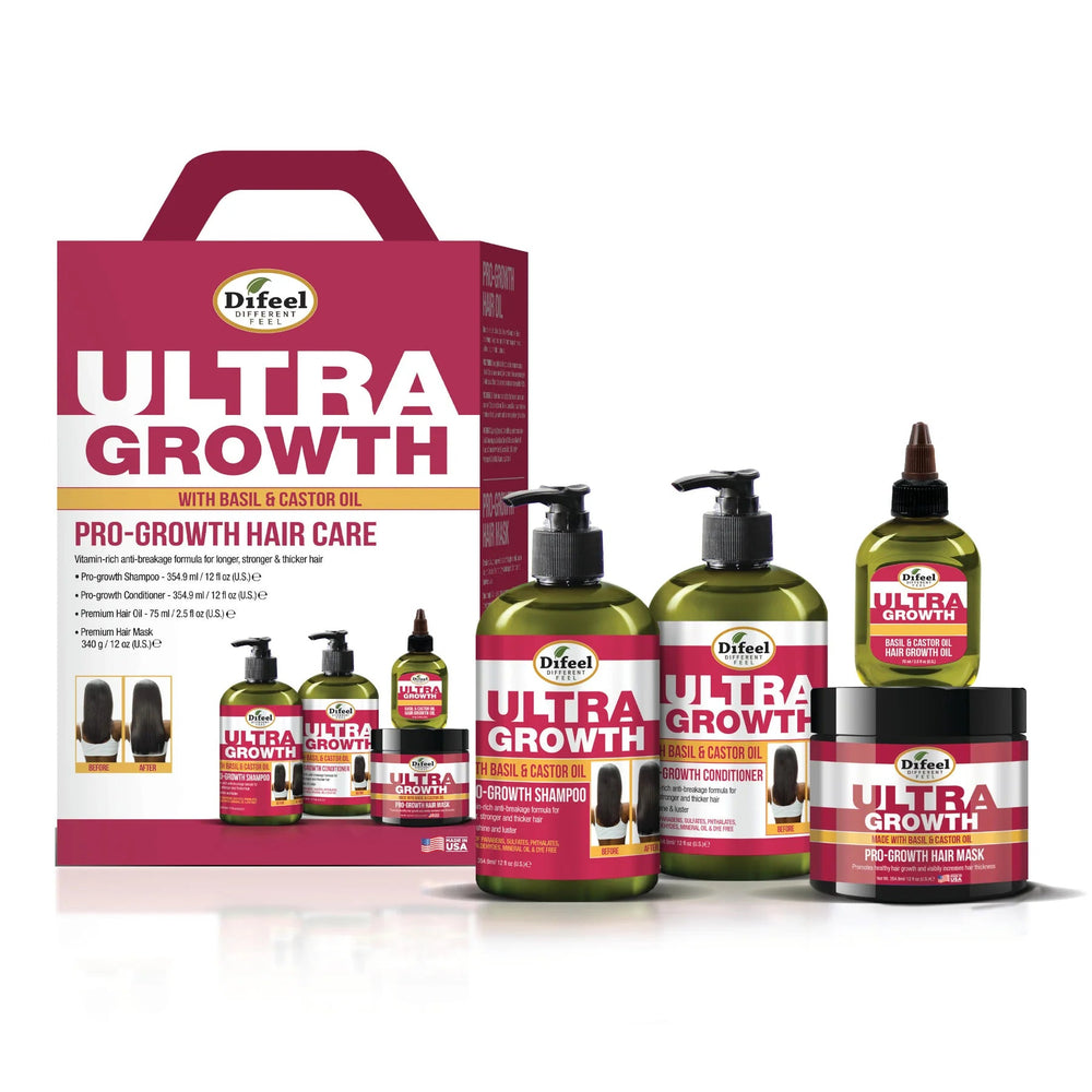 Difeel Ultra Growth with Basil & Castor Oil 4-PC Hair Care Gift Set - Includes Shampoo 12 oz. , Conditioner 12 oz. , Hair Oil 2.5oz and Hair Mask 12 oz. .