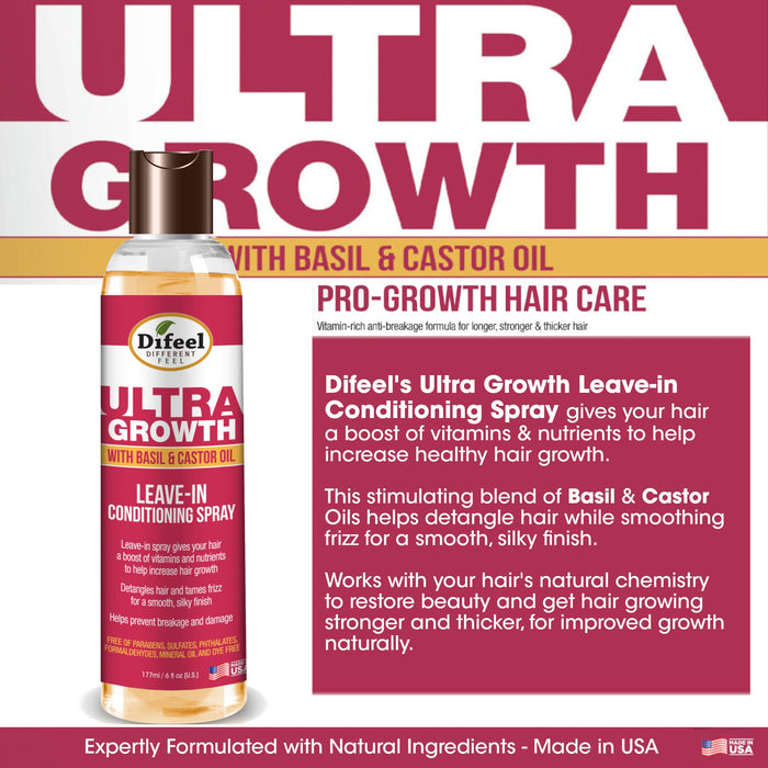 Difeel Ultra Growth Basil & Castor Hair Oil Leave in Conditioning Spray 6 oz.