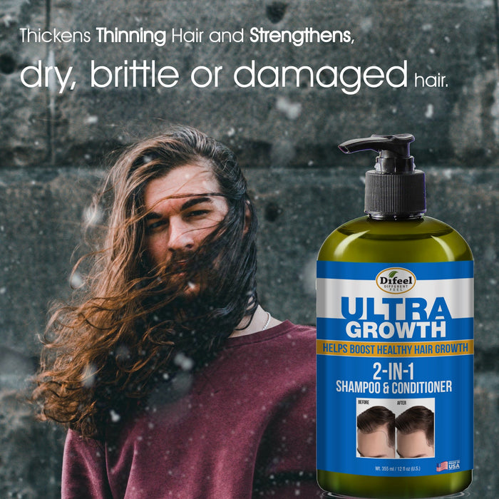 Difeel Mens Ultra Growth 3-PC Hair Growth Shampoo, Condition & Treatment Set - Includes 12 oz.  2-in-1 Shampoo, 8oz Hair Oil & 2.5oz Hair Oil