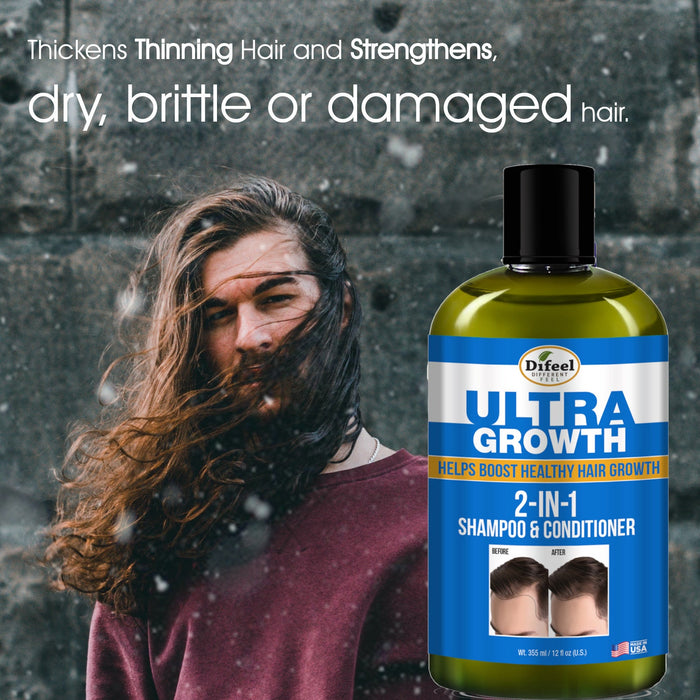 Difeel Mens Ultra Growth 2-in-1 Basil & Castor Oil Shampoo & Conditioner 12 oz. with Hair Oil 8oz. (2-PC SET)