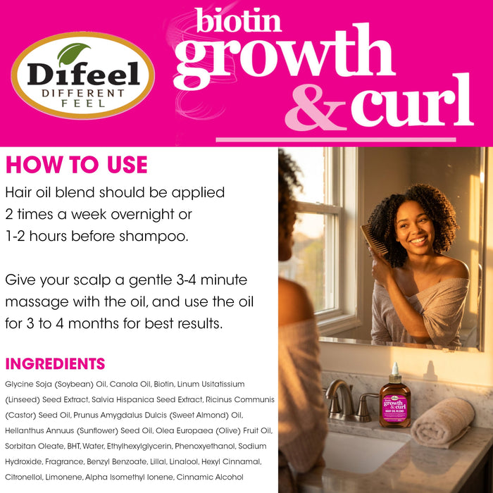 Difeel Biotin Growth and Curl Hair Oil Blend 7.1 oz. - Deluxe 2-PC Gift Set