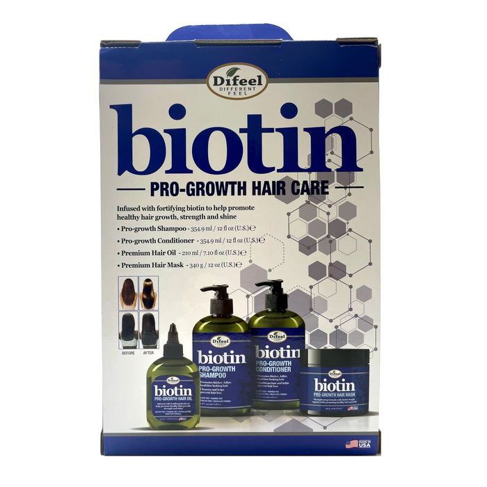Difeel Biotin Pro-Growth 4-PC Hair Care Gift Set - Includes Shampoo 12 oz. , Conditioner 12 oz. , Hair Oil 7oz and Hair Mask 12 oz. .