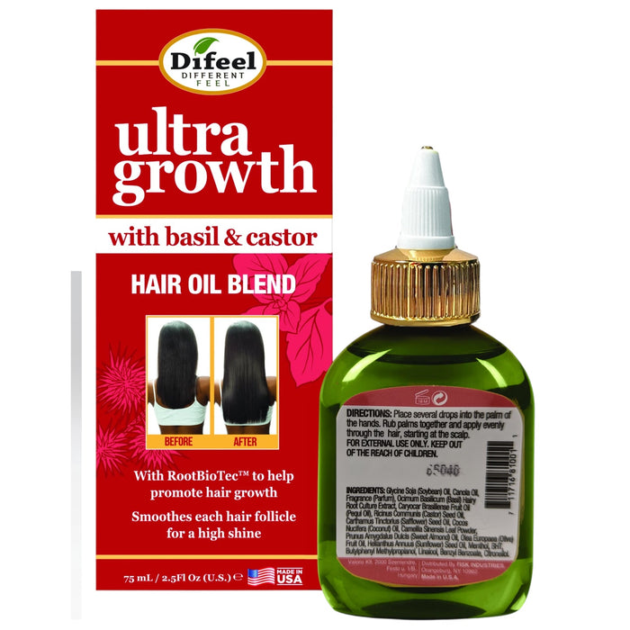 Difeel Ultra Growth Basil & Castor Hair Oil Blend for Growth - Travel Size 2.5 oz. (PACK OF 2)