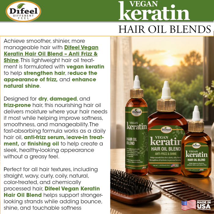 Difeel Vegan Keratin Hair Oil Blend - Anti Frizz & Shine 8 oz.