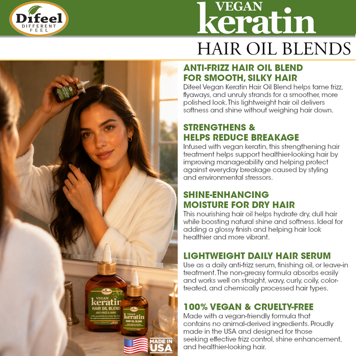 Difeel Vegan Keratin Hair Oil Blend - Anti Frizz & Shine 7.1 oz.