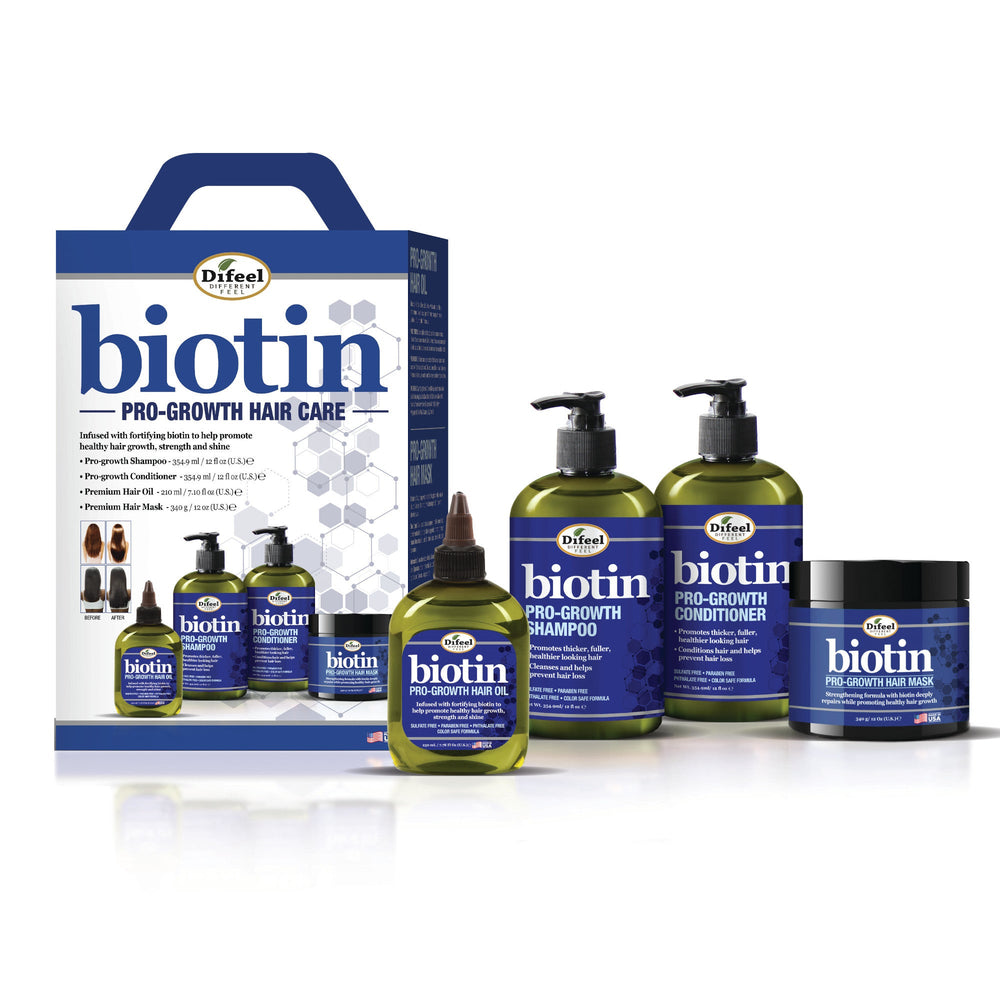 Difeel Biotin Pro-Growth 4-PC Hair Care Gift Set - Includes Shampoo 12 oz. , Conditioner 12 oz. , Hair Oil 7oz and Hair Mask 12 oz. .