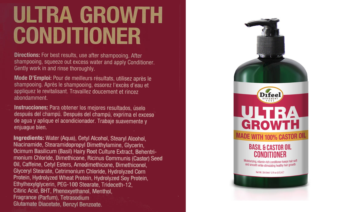Difeel Ultra Growth with Basil & Castor Oil 4-PC Hair Care Gift Set - Includes Shampoo 12 oz. , Conditioner 12 oz. , Hair Oil 2.5oz and Hair Mask 12 oz. .